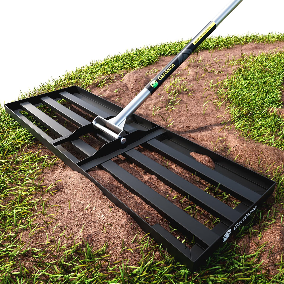 Gardease lawn leveling rake with 30x10 plate for quick, even ground smoothing.