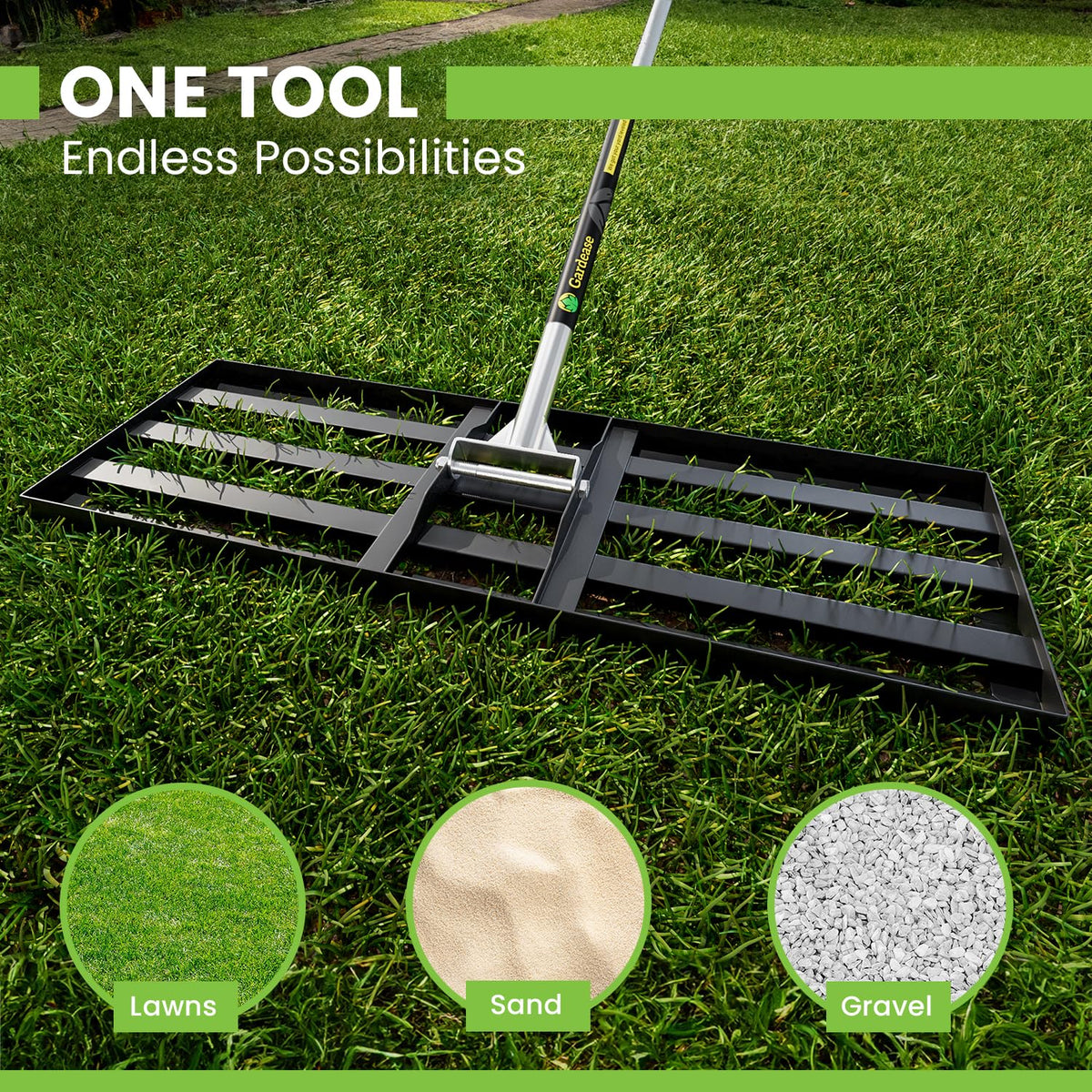 Gardease smooths sand and topsoil for level turf pre-seeding.