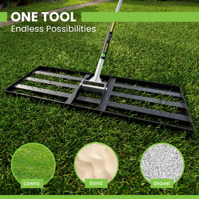 Gardease smooths sand and topsoil for level turf pre-seeding.