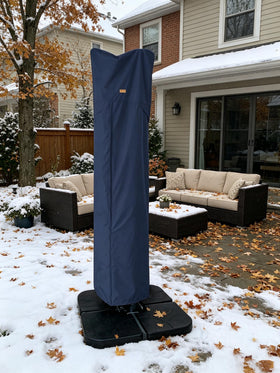 Garden Balsam dark blue umbrella cover blends with outdoor décor.
