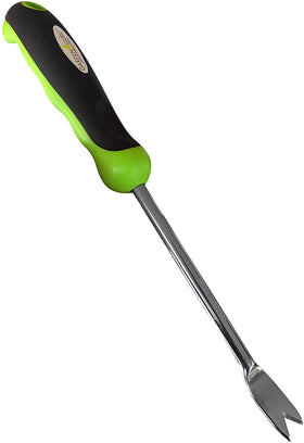 Garden Guru dandelion weeder tool with ergonomic handle for precise root removal in lawns.