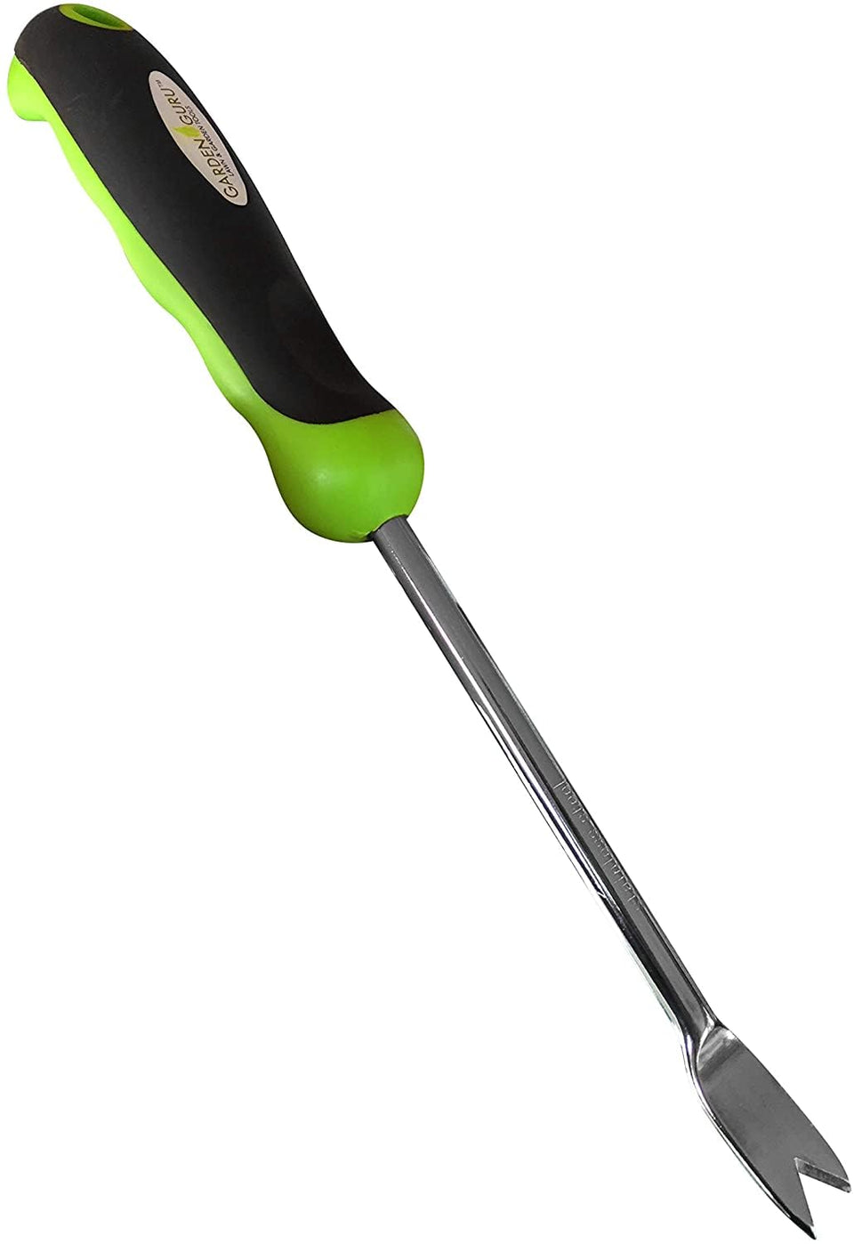 Garden Guru dandelion weeder tool with ergonomic handle for precise root removal in lawns.