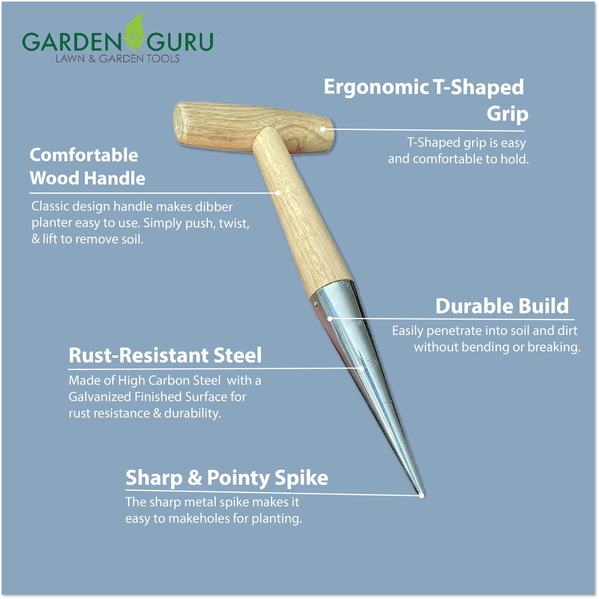 Garden Guru dibber with high-carbon steel body for durability