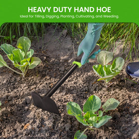 Garden Guru hand hoe carbon steel blade delivers durable rust resistance for tough soil.