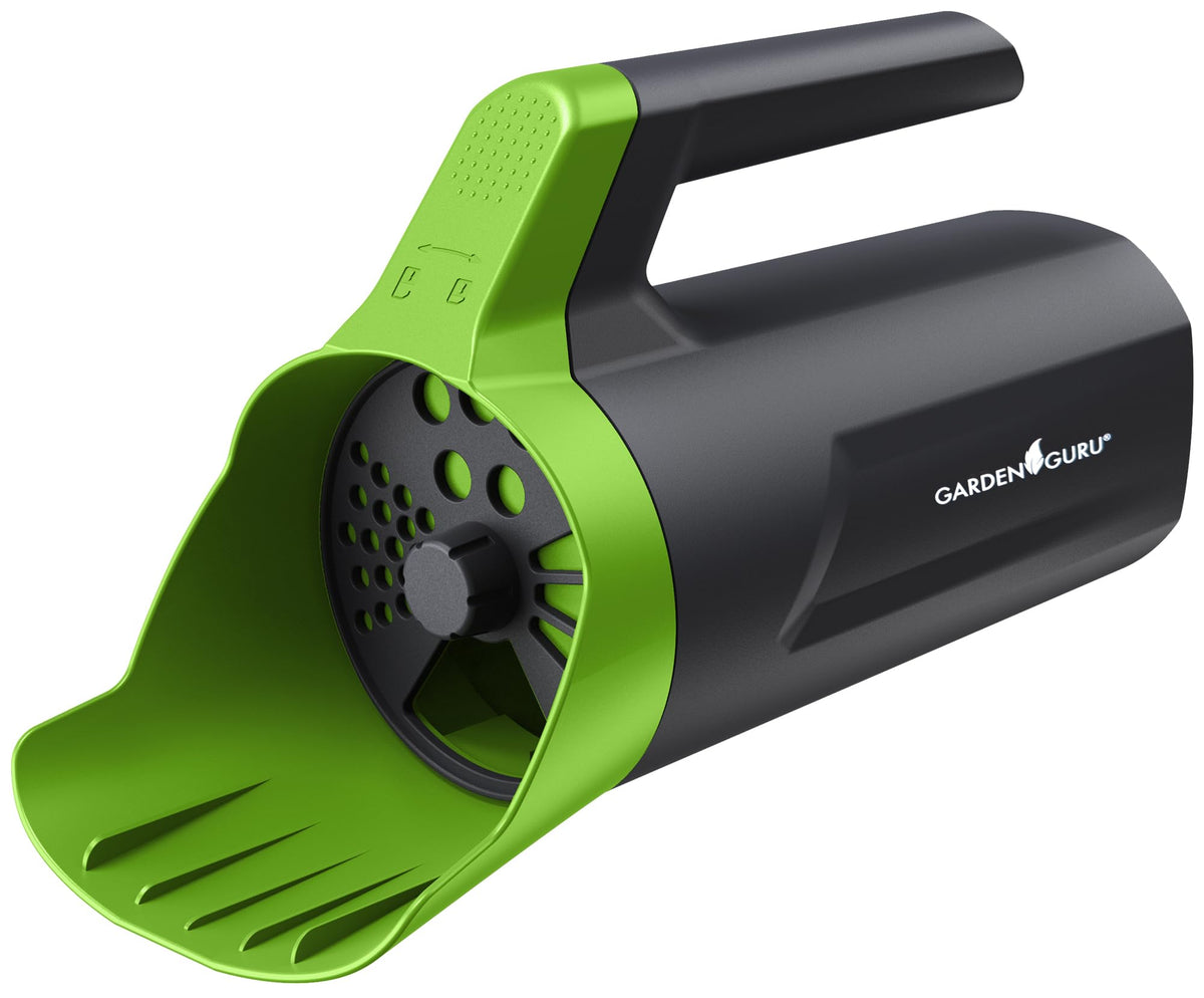 Garden Guru Handheld Seed Spreader top view for precise lawn seeding