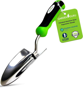 Garden Guru heavy-duty trowel ready for precise planting and transplanting.