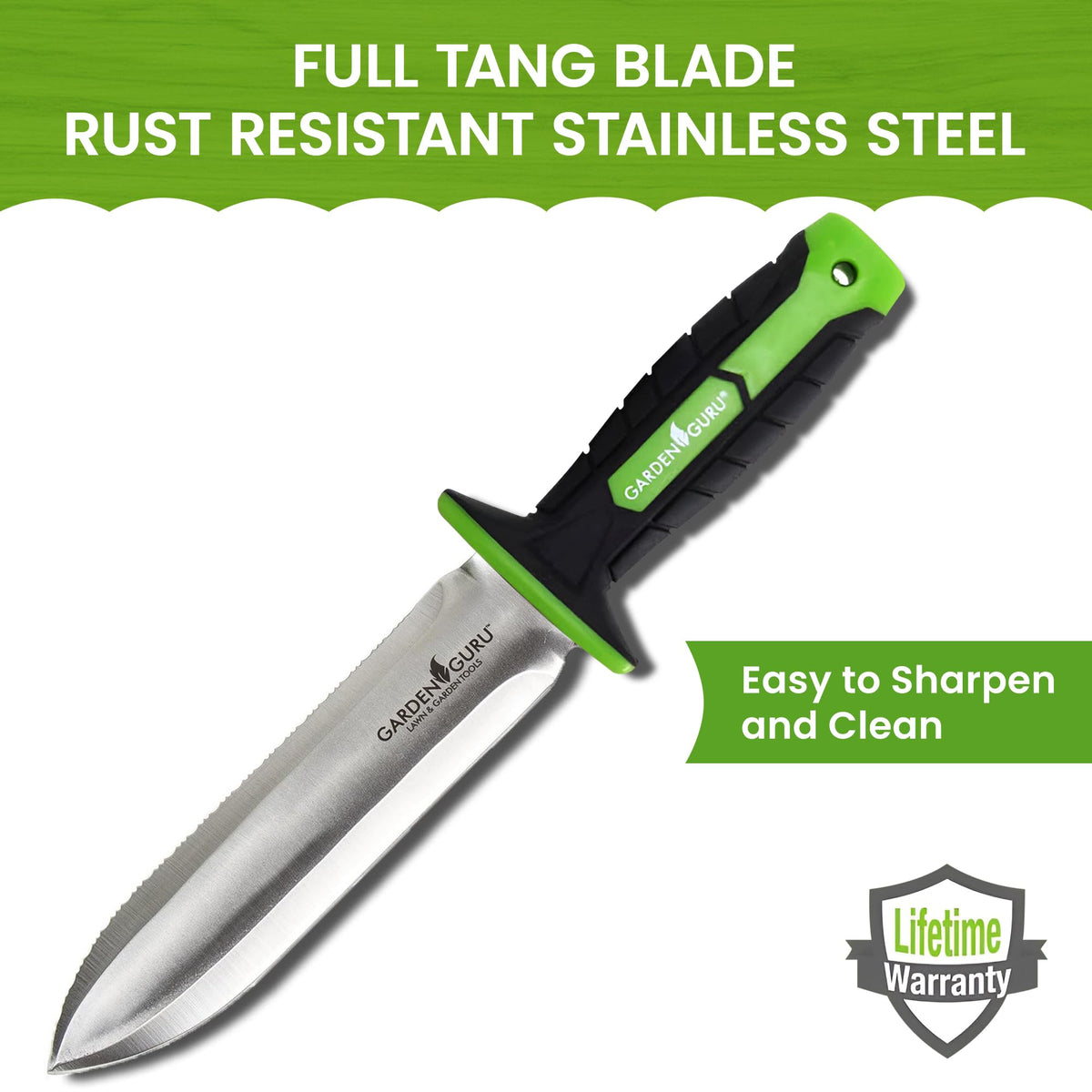 Garden Guru Hori Hori knife displays depth markings for precise planting depth checks.