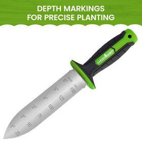 Garden Guru Hori Hori knife highlights serrated edge for sawing through roots.