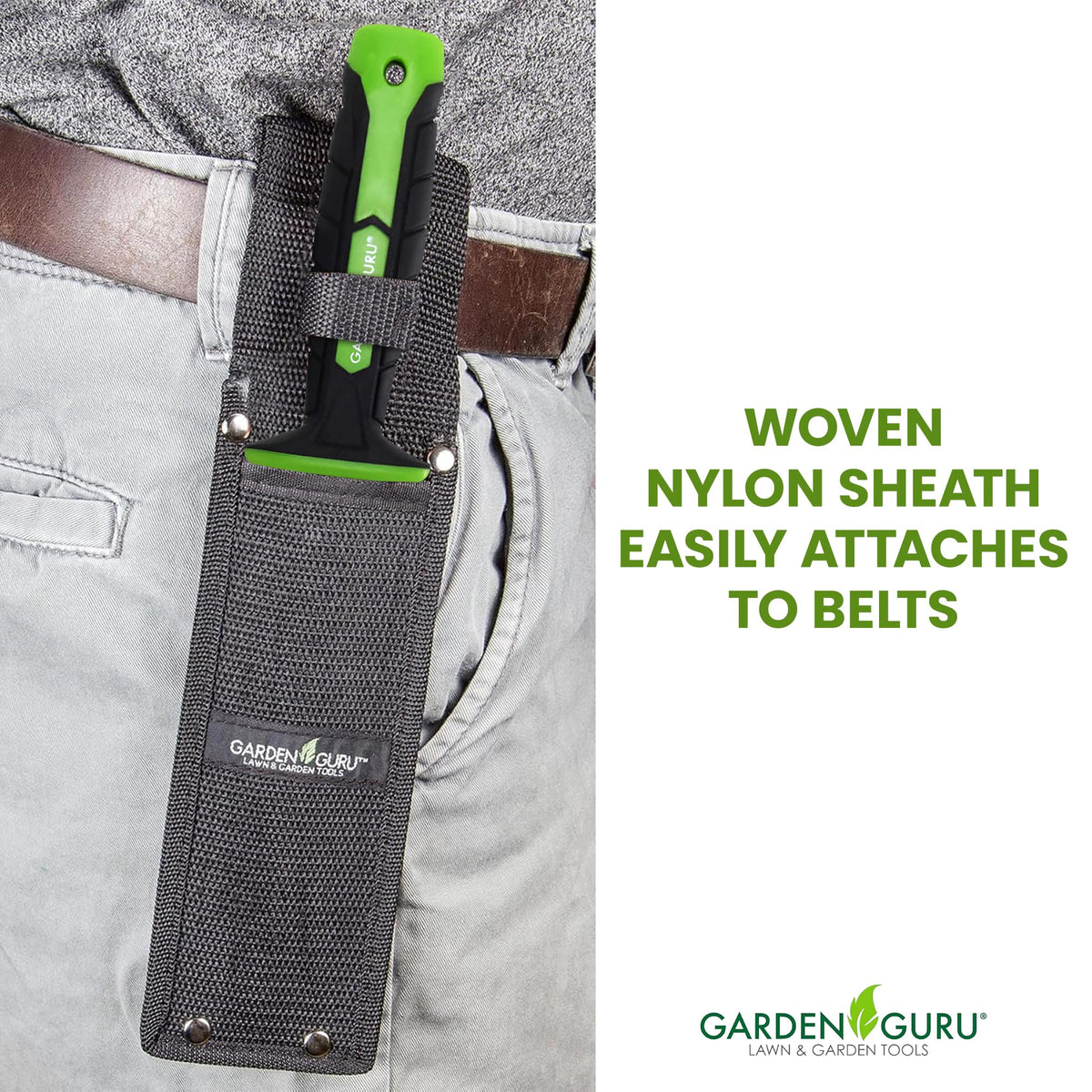 Garden Guru Hori Hori knife features spear point for prying and leverage.