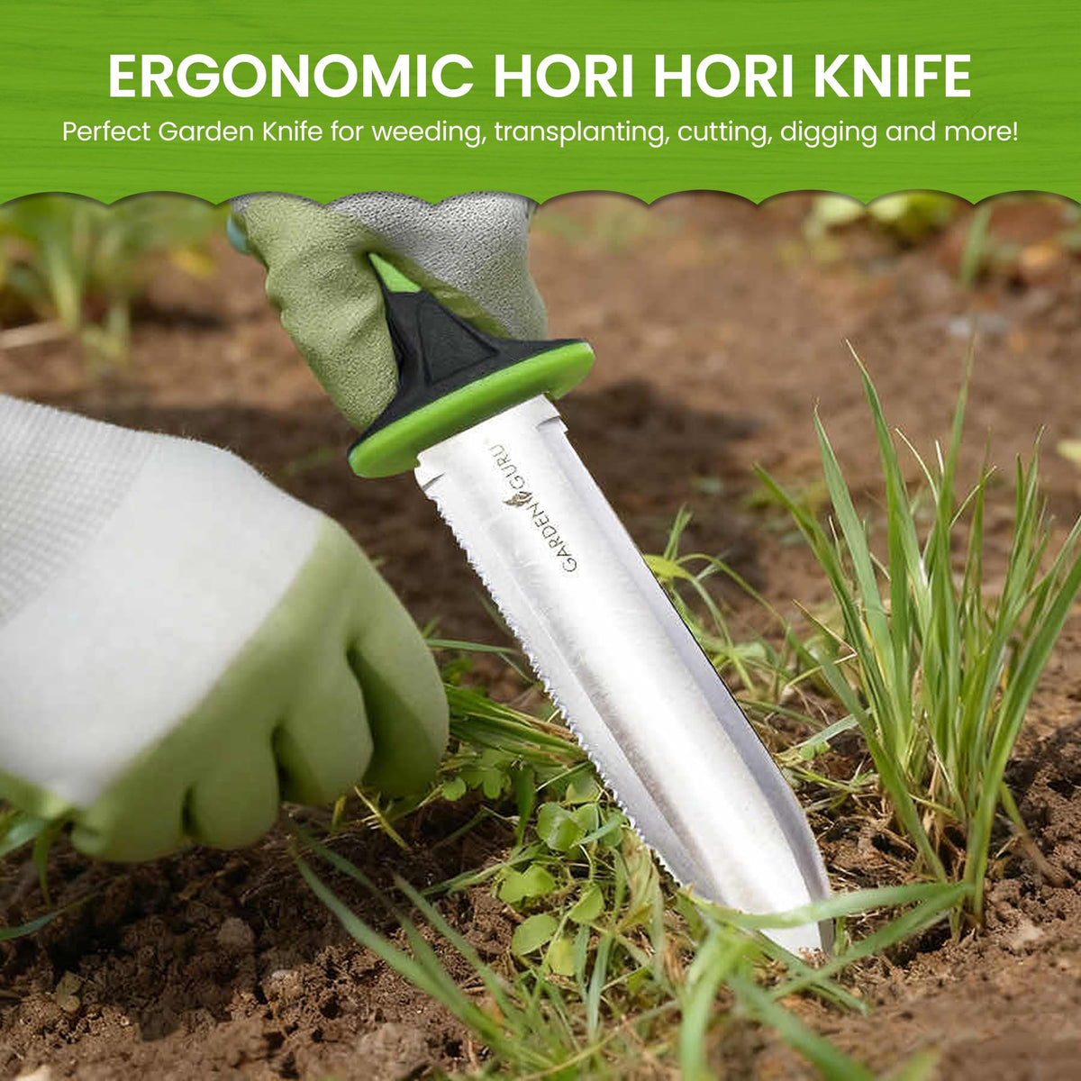 Garden Guru Hori Hori knife shows rust-resistant stainless steel blade for durability.