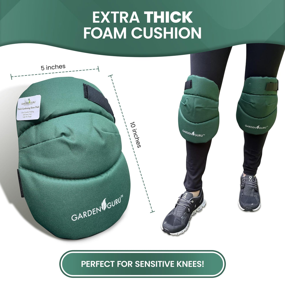 Garden Guru knee pad with soft inner liner supports sensitive knees.