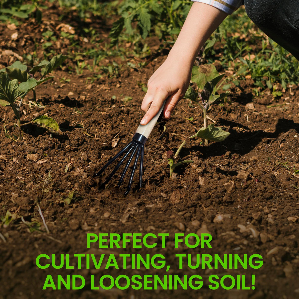 Garden Guru Ninja Claw steel tines improve soil pulverization and aeration.