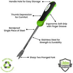 Garden Guru small handheld weeder removes weeds from soil with minimal disturbance.