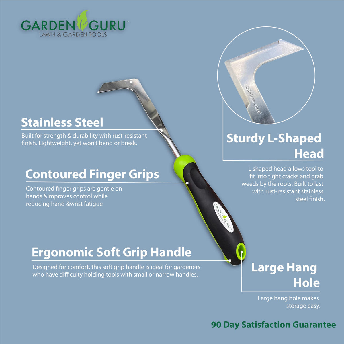 Garden Guru rust-resistant tool highlights durable construction.