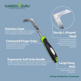 Garden Guru rust-resistant tool highlights durable construction.