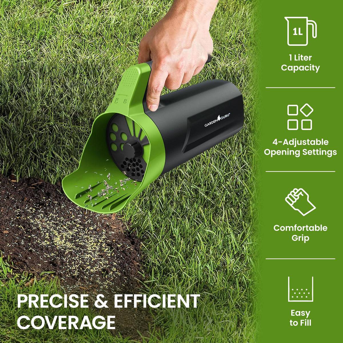 Garden Guru Spreader twist cap openings show adjustable flow control