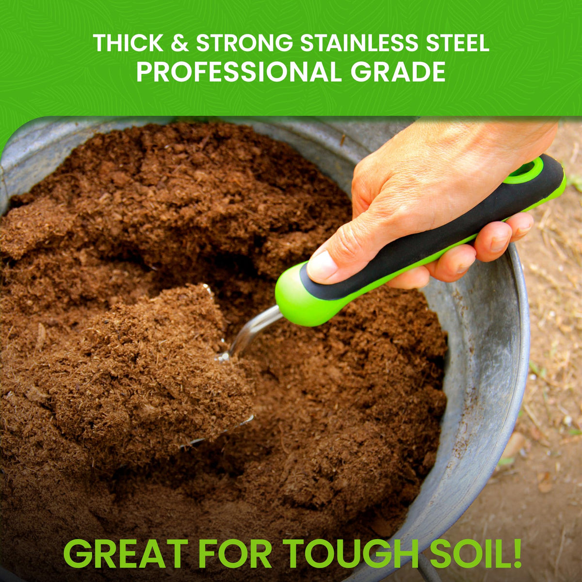 Garden Guru stainless steel blade handles tough soil with effortless scooping.