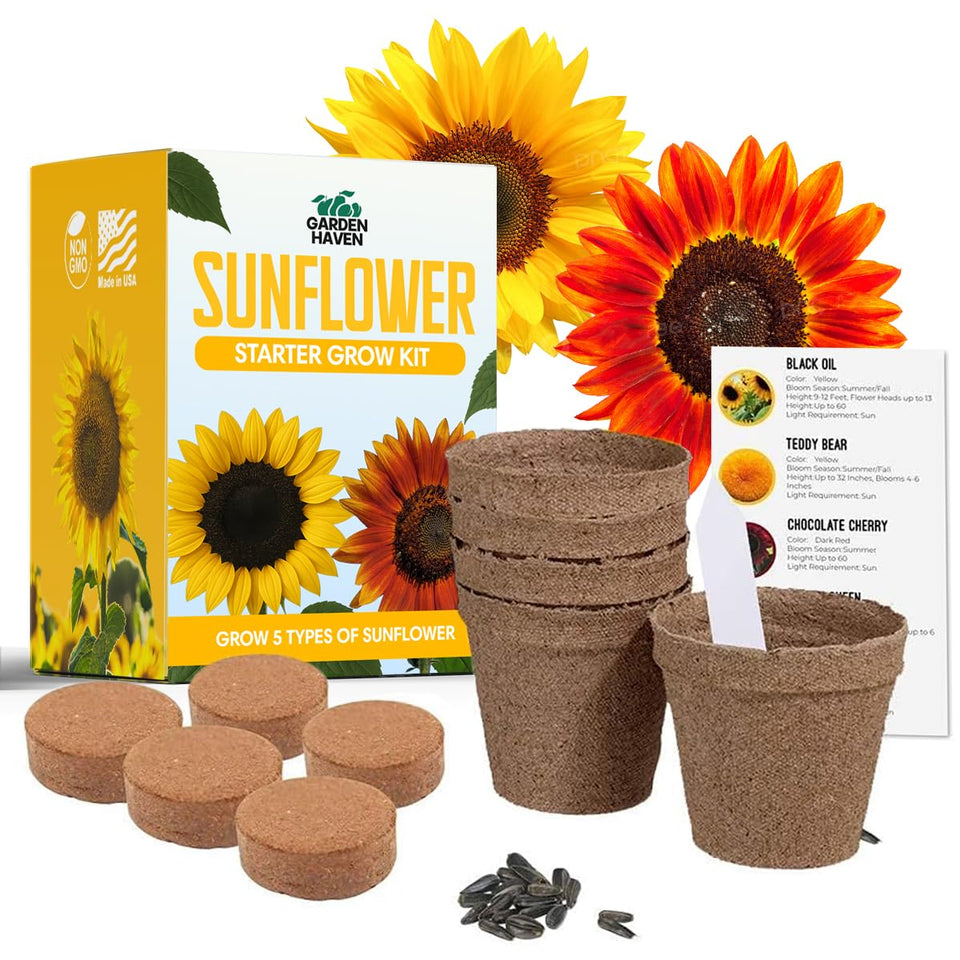Garden Haven Sunflower Seed Growing Kit packaging showcases a complete beginner-friendly setup.