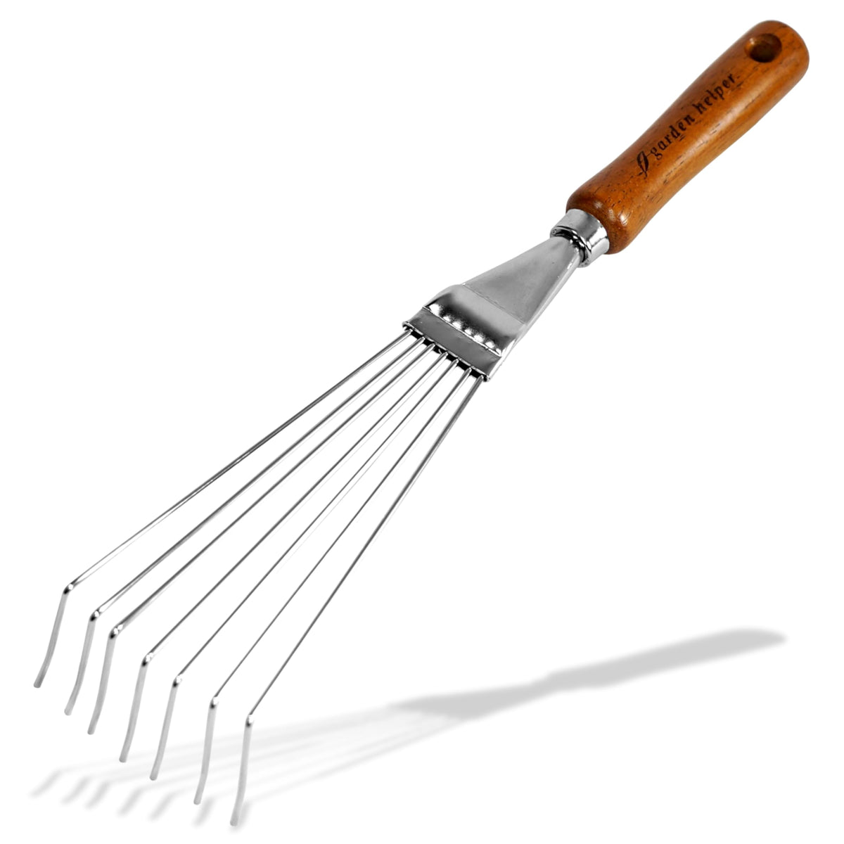 Garden Helper Japanese Hand Rake close-up showing durable chrome-plated blade