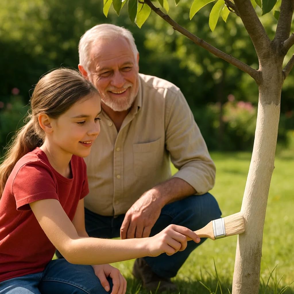 Garden Organix bark protection highlights breathable coating for saplings.