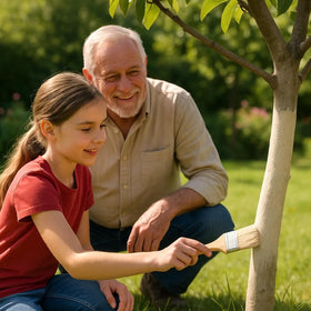 Garden Organix bark protection highlights breathable coating for saplings.