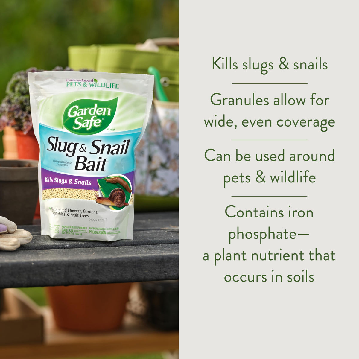 Garden Safe bait spread on lawns and soil around vegetables and ornamentals for pest control.