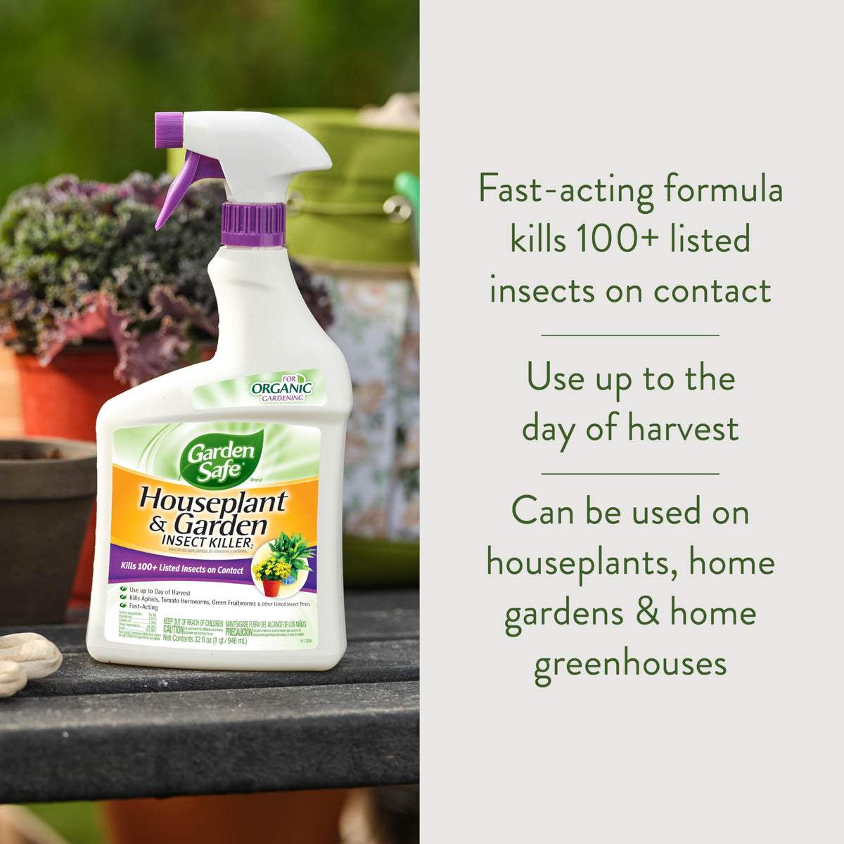 Garden Safe insect killer2 bottle back label details usage and harvest-day timing