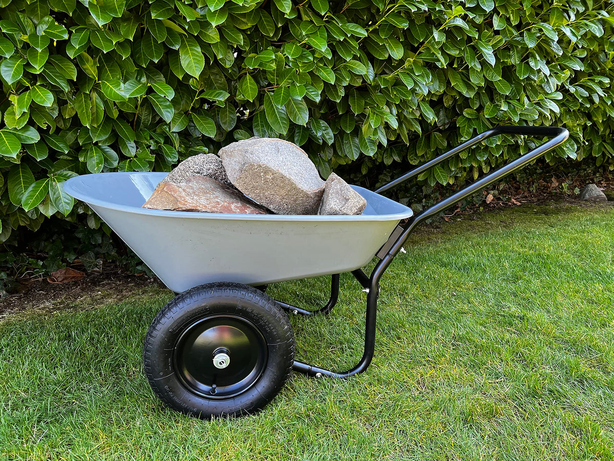 Garden Star wheelbarrow dumping action demonstrates easy unload.