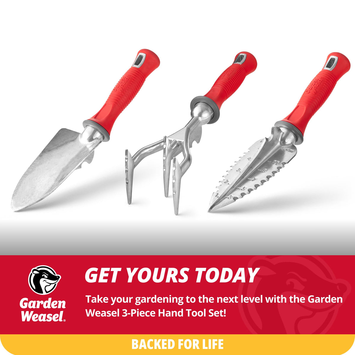 Garden Weasel 3-piece set ideal for digging, planting, and weeding in the garden.