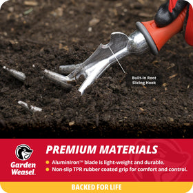 Garden Weasel tool with aluminIron construction that resists rust and fatigue.