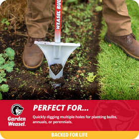 Garden Weasel Bulb Planter shows dirt plug ejection for easy covering.