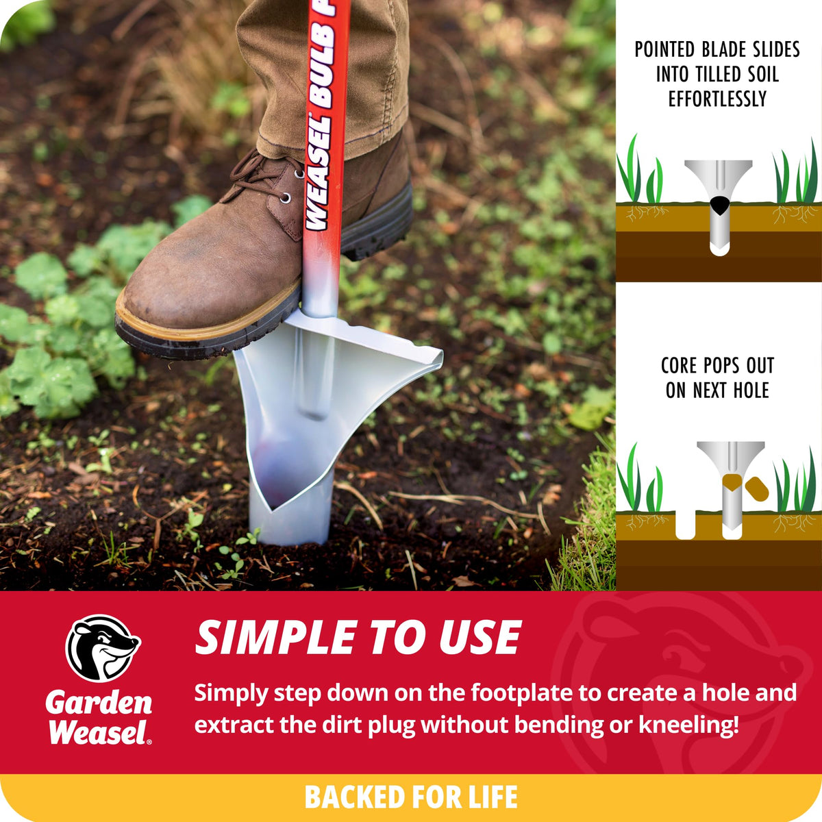 Garden Weasel Bulb Planter features ergonomic footplate to reduce strain.