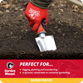 Garden Weasel garden trowel digging blade ready for quick hole creation and soil scooping.