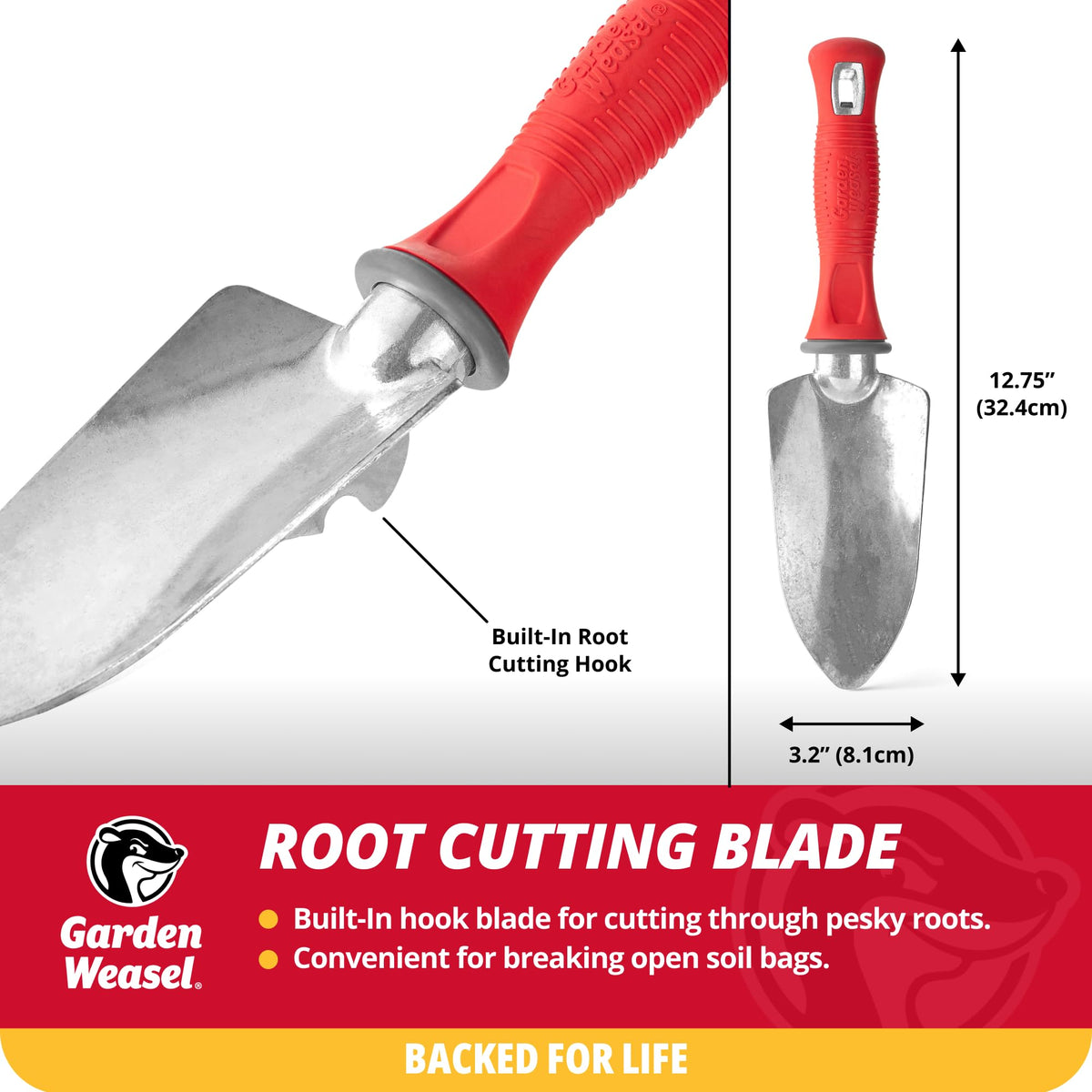Garden Weasel trowel helps scrape dirt from planters and tools after chores.