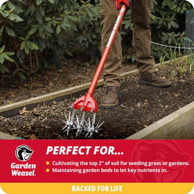 Garden Weasel hand tiller compact design enables precise weeding.