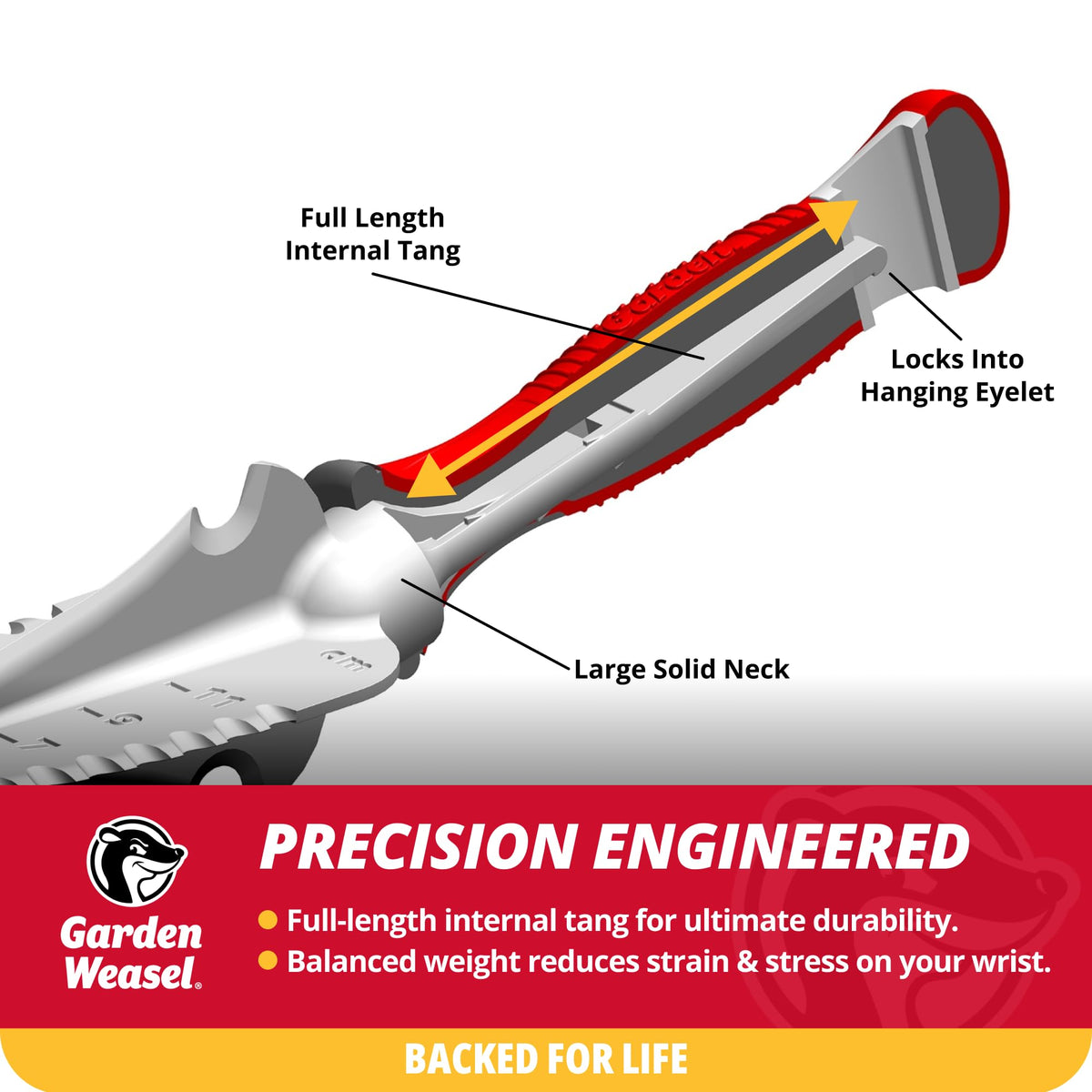 Garden Weasel tools include hang holes for easy storage and organization.