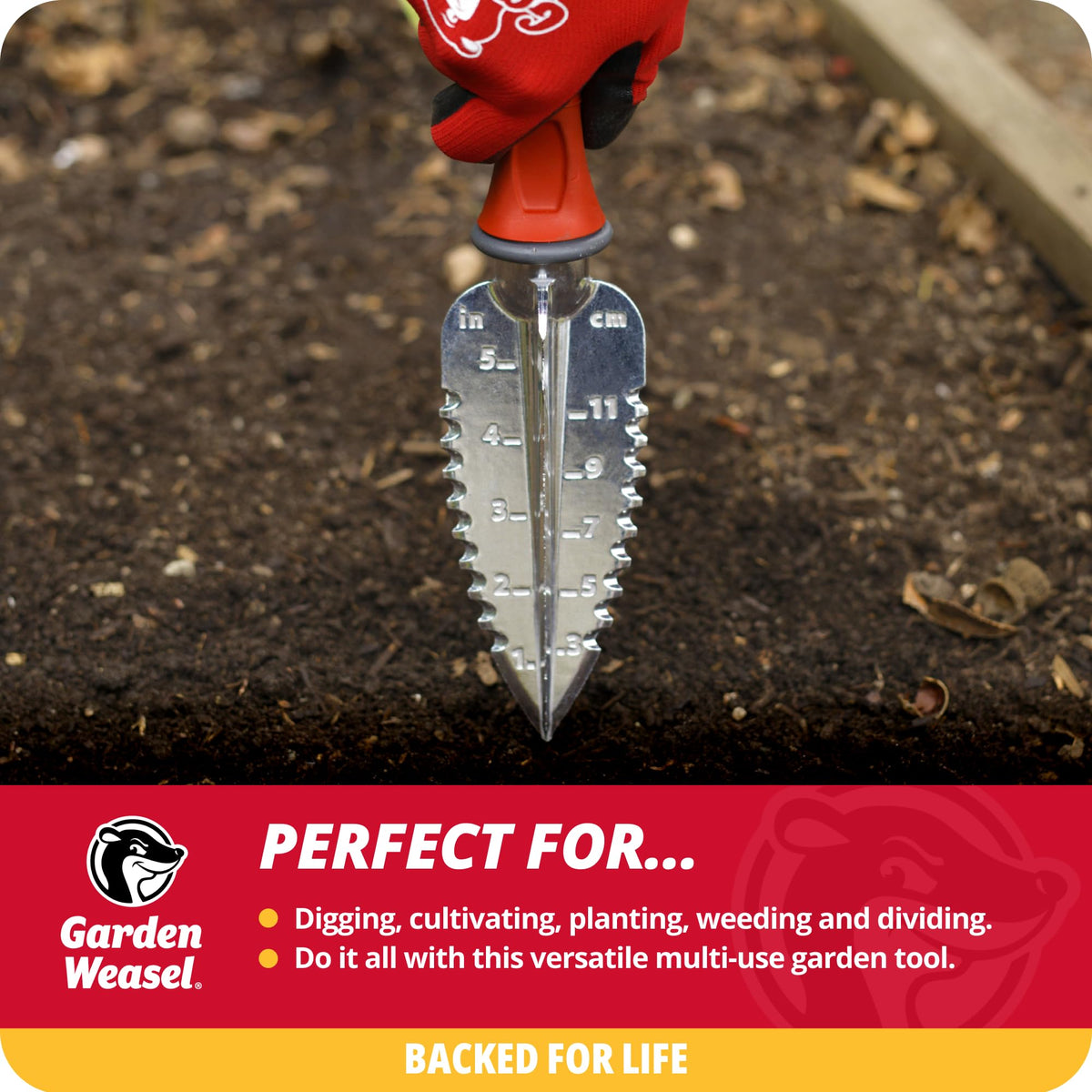 Garden Weasel multi-use transplanter cultivates soil for better root development.