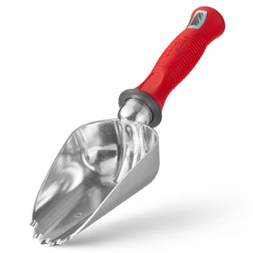 Garden Weasel oversized potting scoop handle close-up shows ergonomic grip