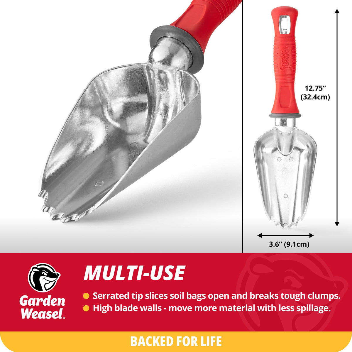 Garden Weasel potting scoop serrated tip cuts through roots and clumps