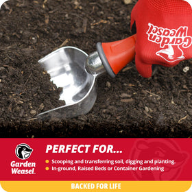 Garden Weasel potting scoop serrated tip cutting through roots with ease