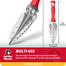 Garden Weasel transplanter depth gauge helps plant at the right depth.