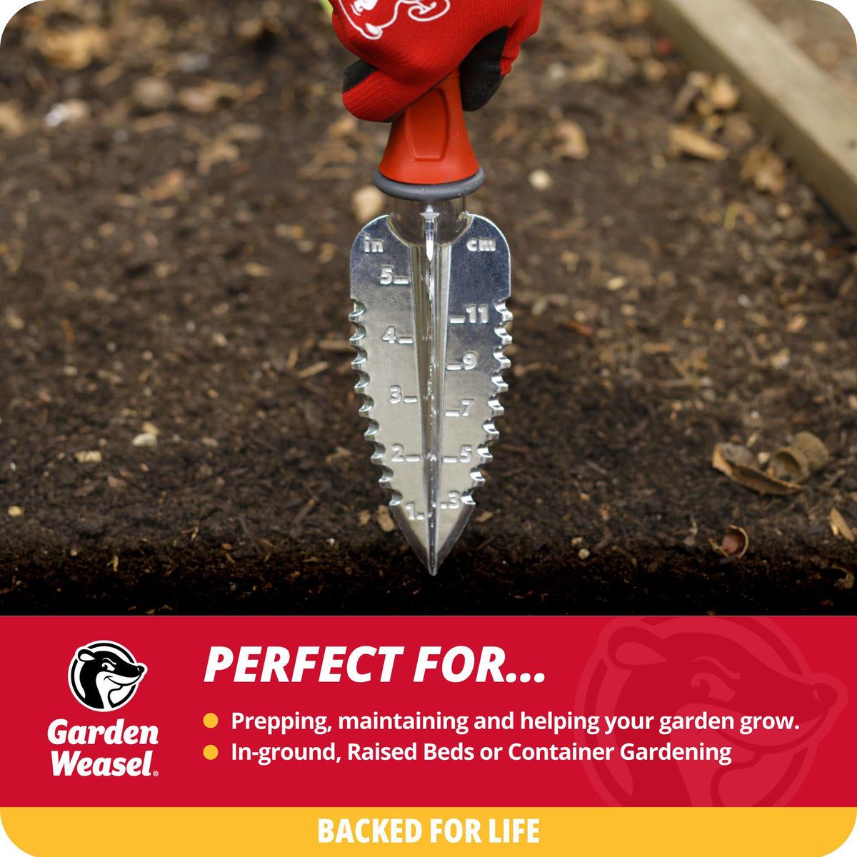 Garden Weasel transplanter with depth gauge for consistent seedling placement.