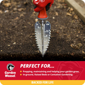 Garden Weasel transplanter with depth gauge for consistent seedling placement.