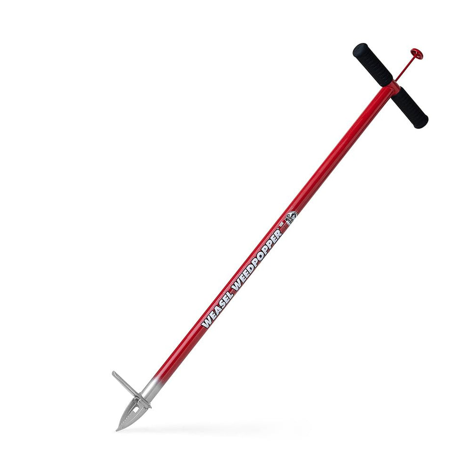 Garden Weasel WeedPopper stand-up action shows easy root removal
