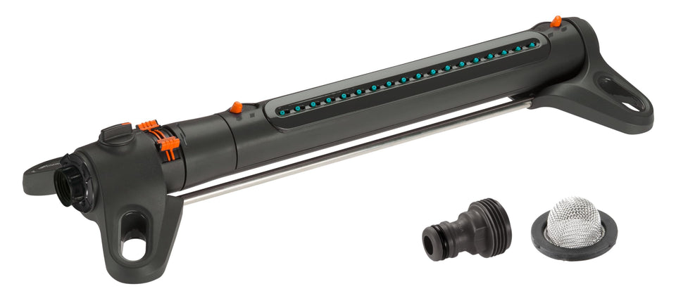 GARDENA AquaZoom oscillating sprinkler ready for large lawns with even coverage.
