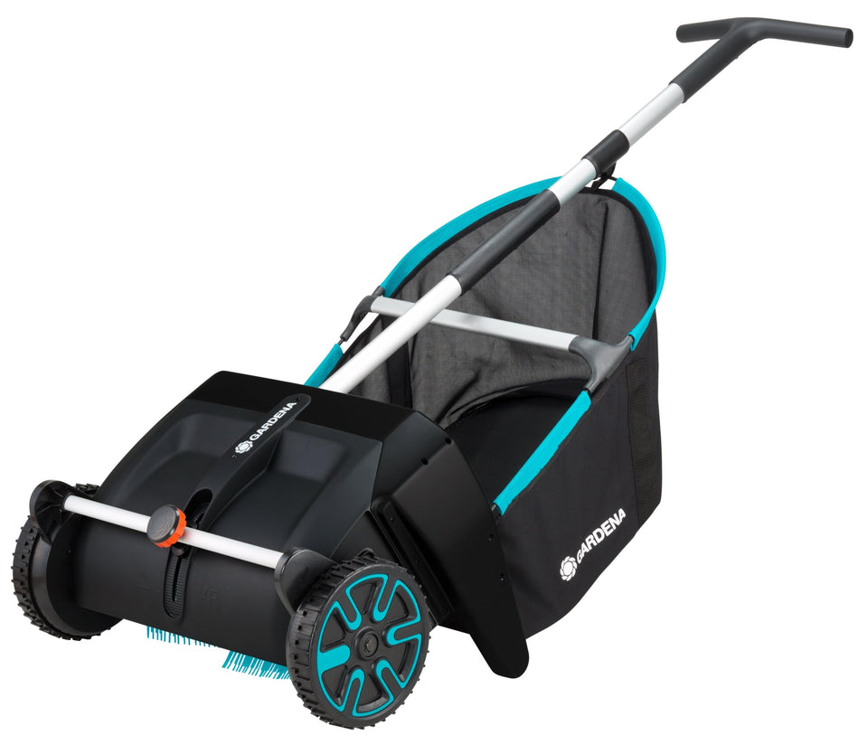 GARDENA Lawn & Leaf Collector Sweeper front view with wide brushes for efficient pickup.