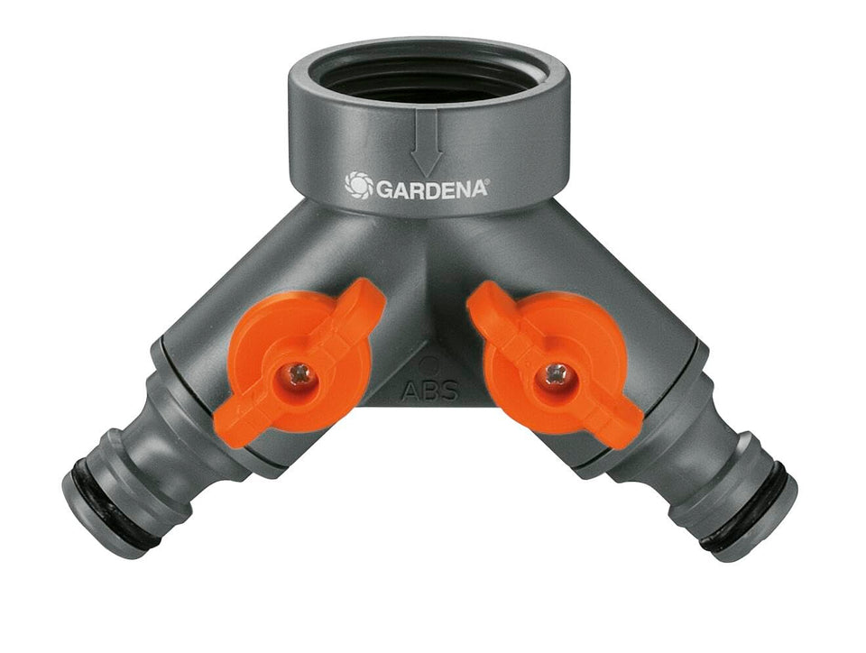 Gardena twin tap connector showing two outlets for simultaneous watering.