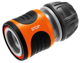 Gardena water stop connector for 13 mm and 15 mm hoses showing secure grip and flow control