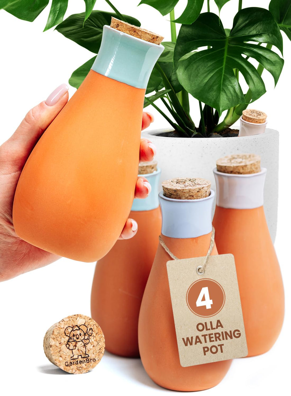 GardenBro Olla terracotta pot four-pack in box; convenient self-watering gift set.