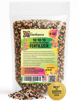 Gardenera 10-10-10 All-Purpose Fertilizer Bag highlighting balanced NPK for versatile gardening.